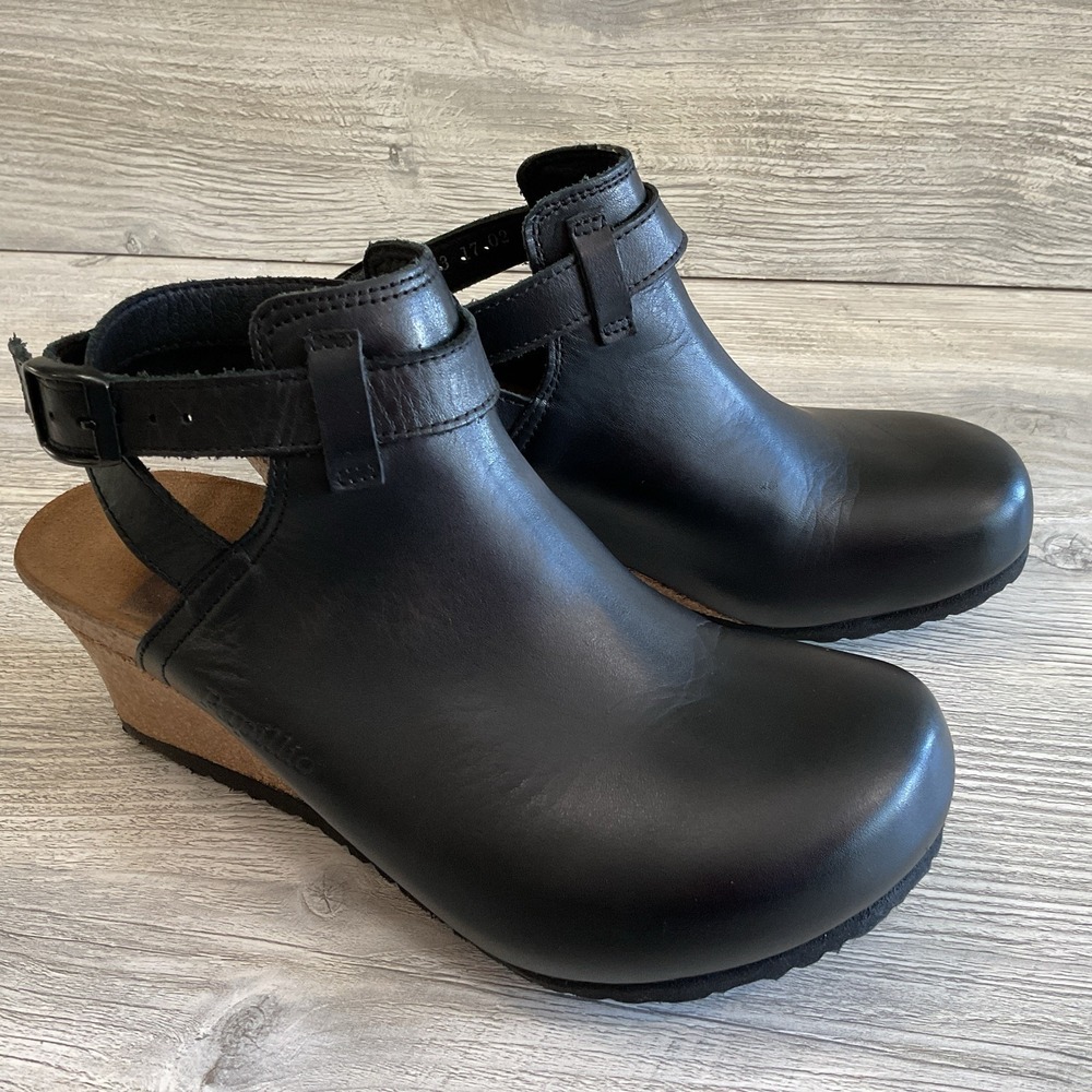 Papillio Birkenstock Womens Size 36 US 5.5-6 Esra Black Leather Wedge Clogs